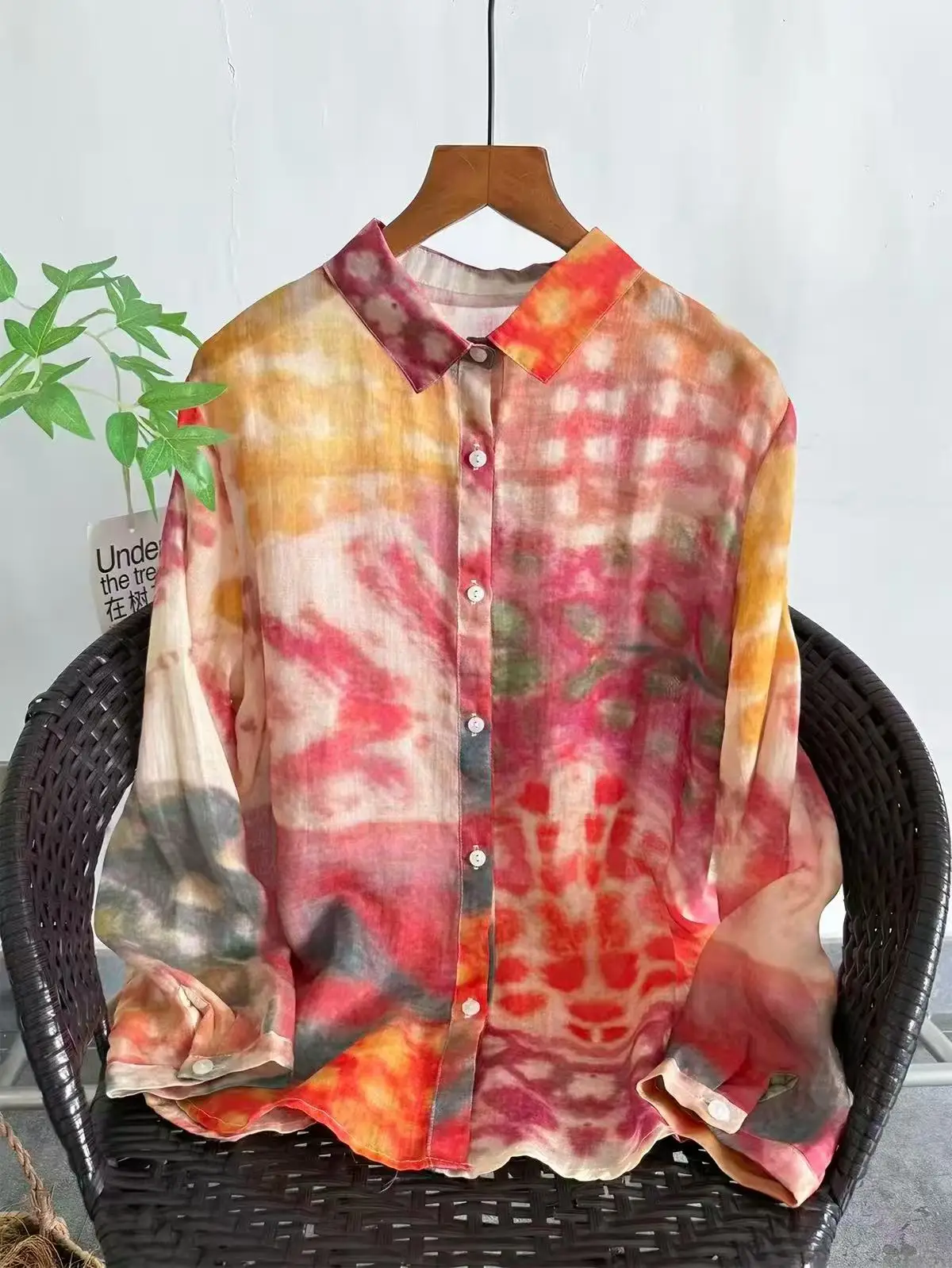 Artistic Multicolor Tie Dye 100% Ramie Linen Blouse for Women Abstract Watercolor Gradient Print Long Sleeve Shirt