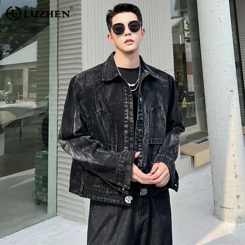 

LUZHEN 2024 Stylish Wornout Washed Original Casual Short Denim Jacket Men Vintage High Quality Outerwear Trendy New Coat 6d6609