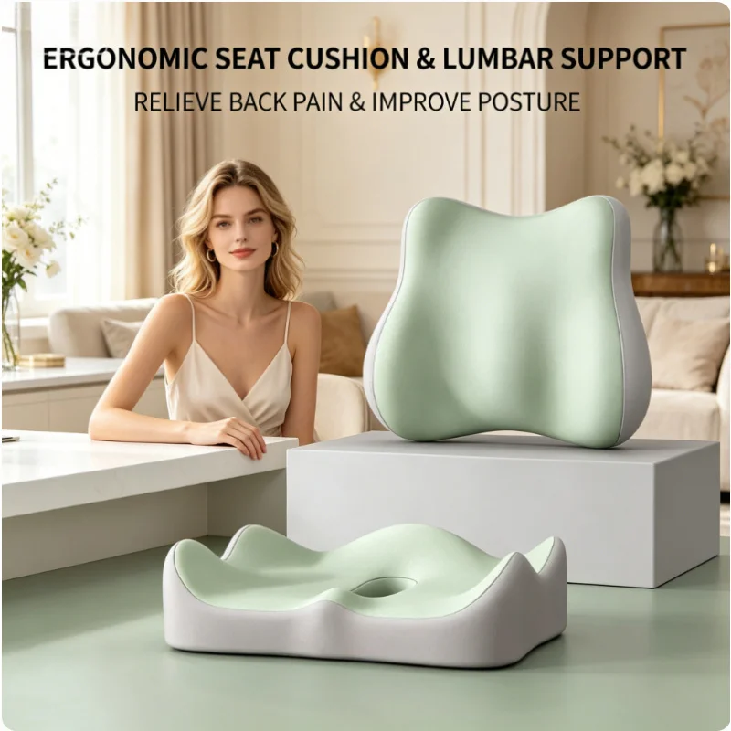 2PCS Ergonomic Memory Foam Cushion Tailbone Curved Seat Cushion Pressure Relief Lumbar Support for Office Chair Car Home