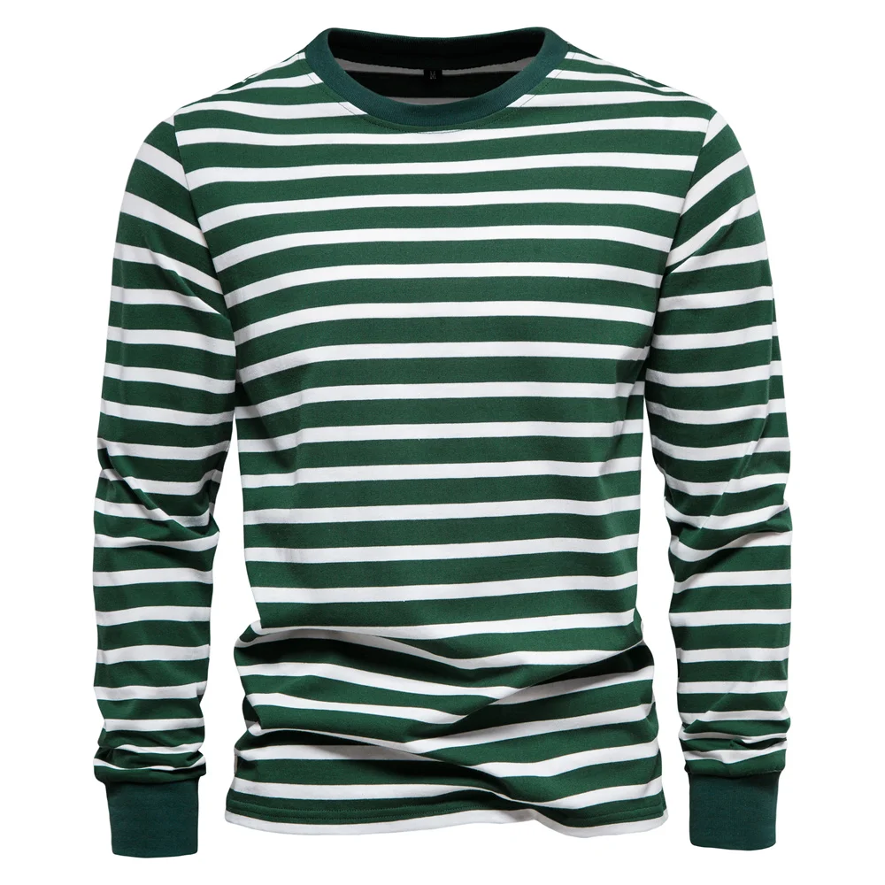 Simplicity Stripe Print T Shirt For Men Fashion Comfortable Cotton Long Sleeve T-shirt Leisure O-neck Pullover Autumn Loose Tops