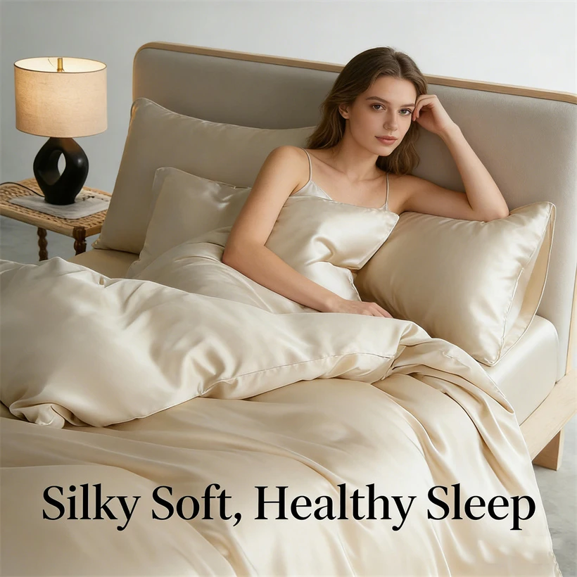 22mm Mulberry Silk Bedding Set Luxury Smooth Duvet Cover Set with Quilt Cover Bed Sheet Pillowcase for Twin Full King Queen Bed