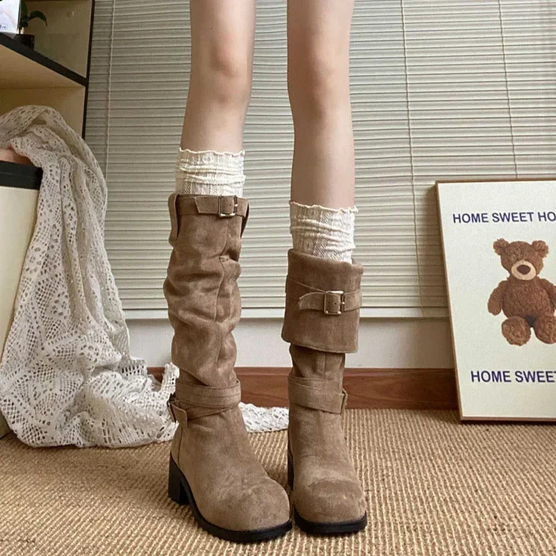 Platforma Gruby obcas Kobiety Western Cowboy Boots Fashion Slip On Folded Pile Long Booties Buty damskie Jesień Zima