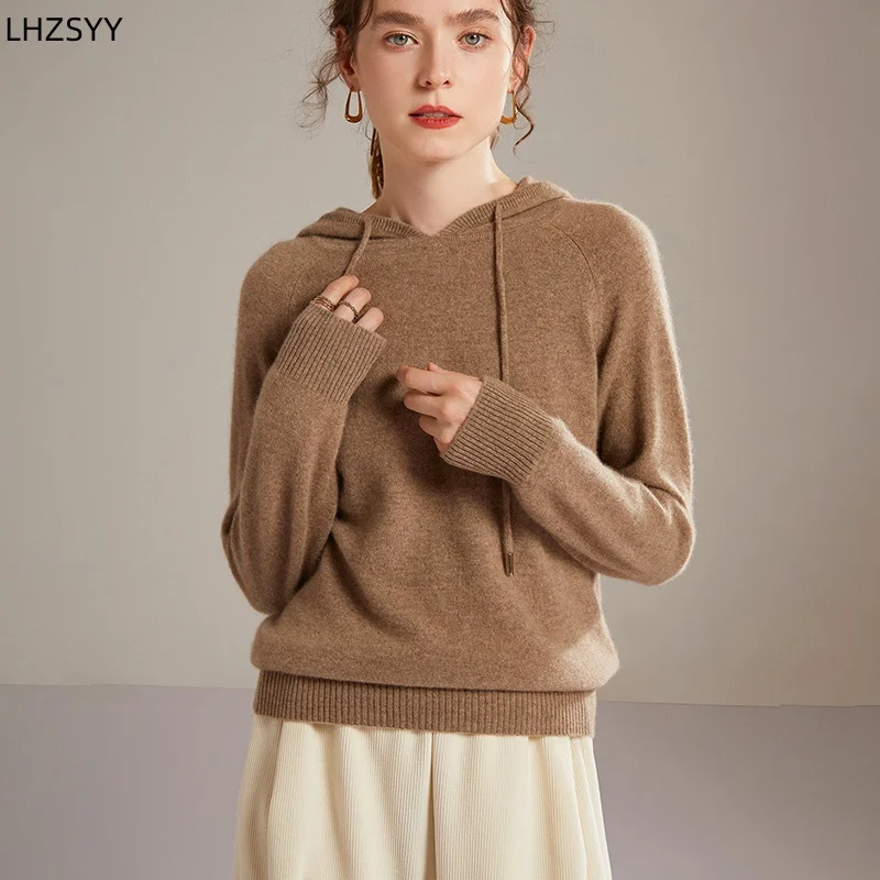 LHZSYY 100% Pure Goat Cashmere Hoodie Ladies New Hooded Pullover High-End Joker Sweater Loose Knit Blouse Warm Base Shirt Autumn