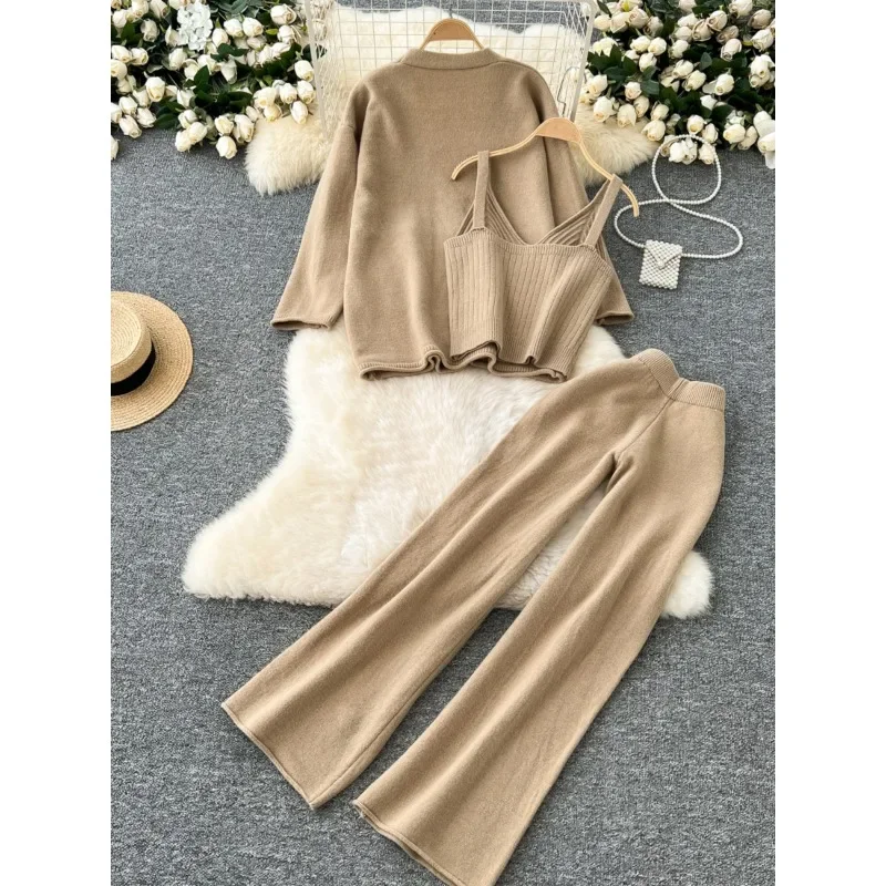 High Quality Solid Color Knitted Pants Suit Women\'s Autumn Winter Cardigan Camisole High Waist Wide-leg Pants Women Two-piece