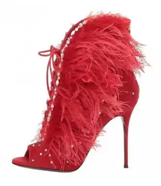 

Красные, розовые, черные замшевые ботильоны с перьями и мехом с перекрестной завязкой и открытым носком, женские короткие ботильоны на высоком каблуке с блестящими кристаллами и стразами