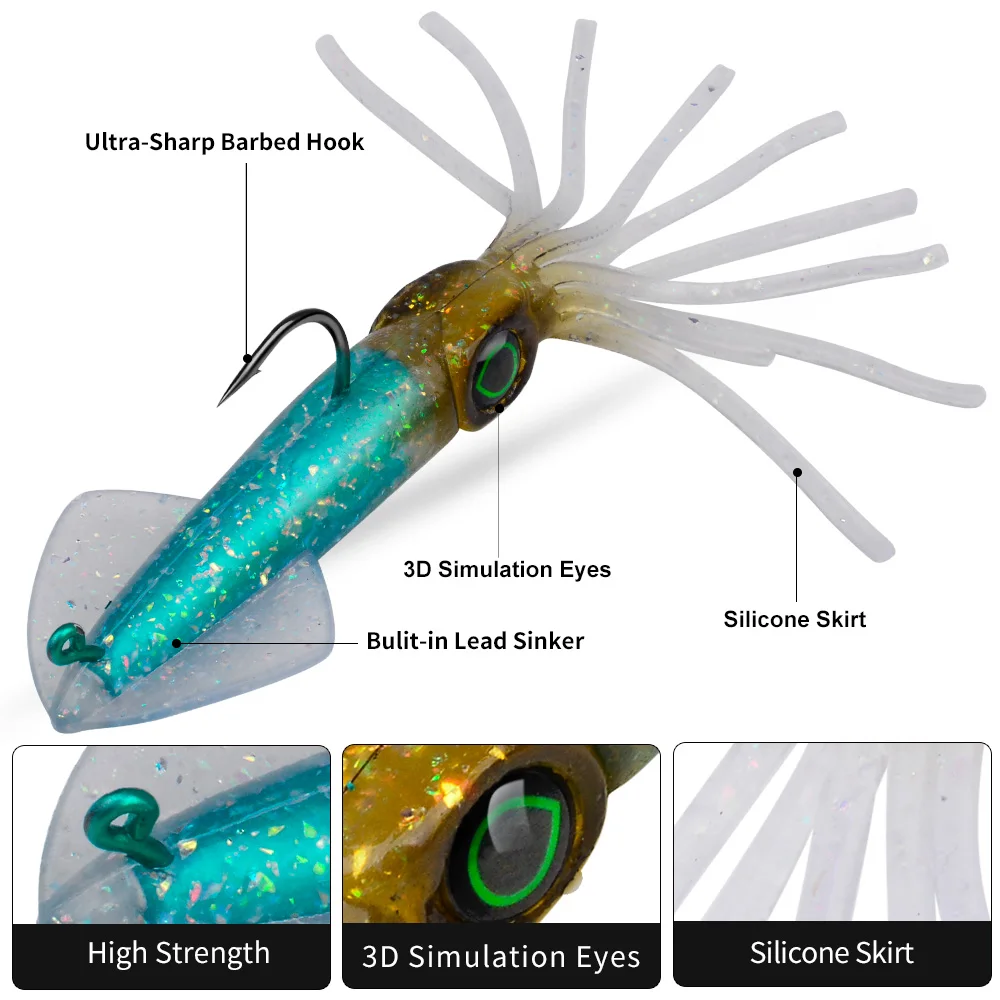 Proberos 1 Stück Leuchtender Tintenfisch-Softköder mit schwerem Blei-Jighaken, Salzwasser-Süßwasser-Swimbait zum Schleppangeln, für Lachs, Barsch, Forelle – Detail 5