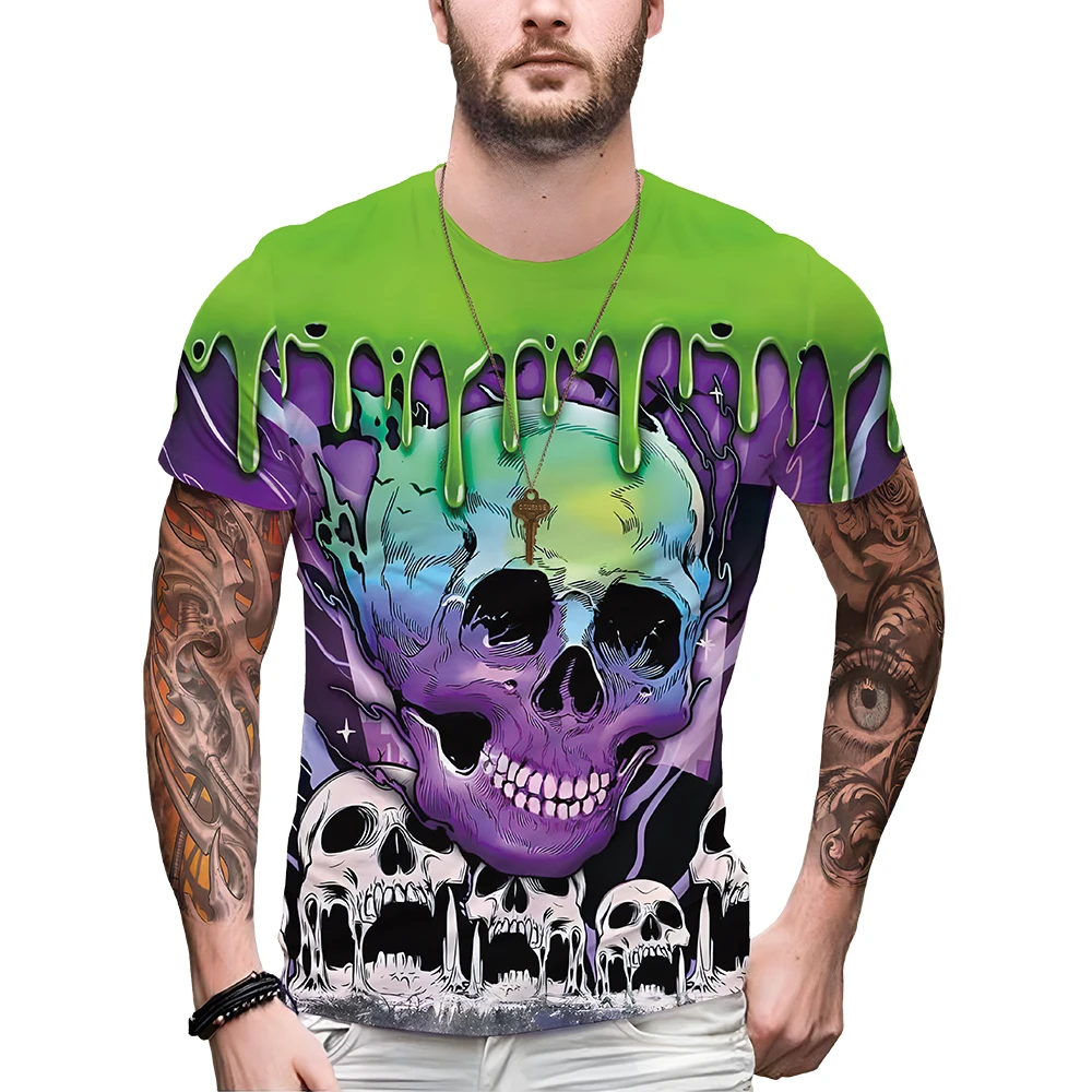 Fluid Paint Color Hand-painted Skull 3D Digital Print Men's T-shirt Crew Neck Short Sleeve Top Funny Bones For Men Streetwear