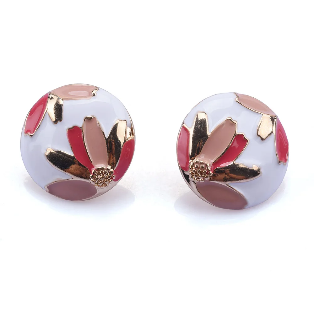 European and American Earrings Geometric Round Stud Earrings Women's Alloy Drip Oil Diamond Flower Pattern Earrings