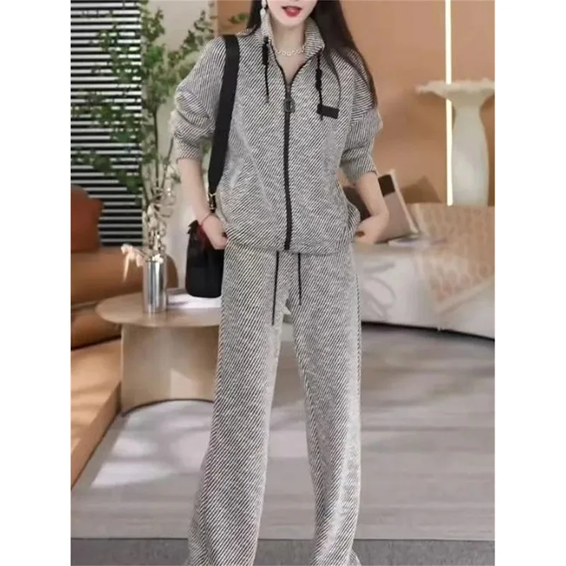 New Ladies Zipper Stripe Two Piece Casual Suit Set Women Loose Tracksuit Sets Outfit Spring Autumn Female Sportswear Sport Suit