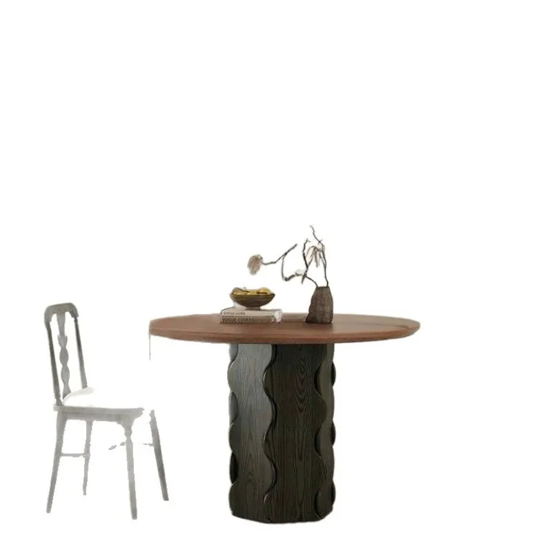 

French retro wind rock slab dining table modern combination round table simple small apartment round home American black solid