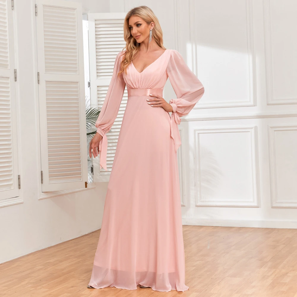 Long Sleeves Pink Evening Dress A Line V Neck Floor Length Chiffon Women Party Gowns 2023 Wholesale Robe De Soiree