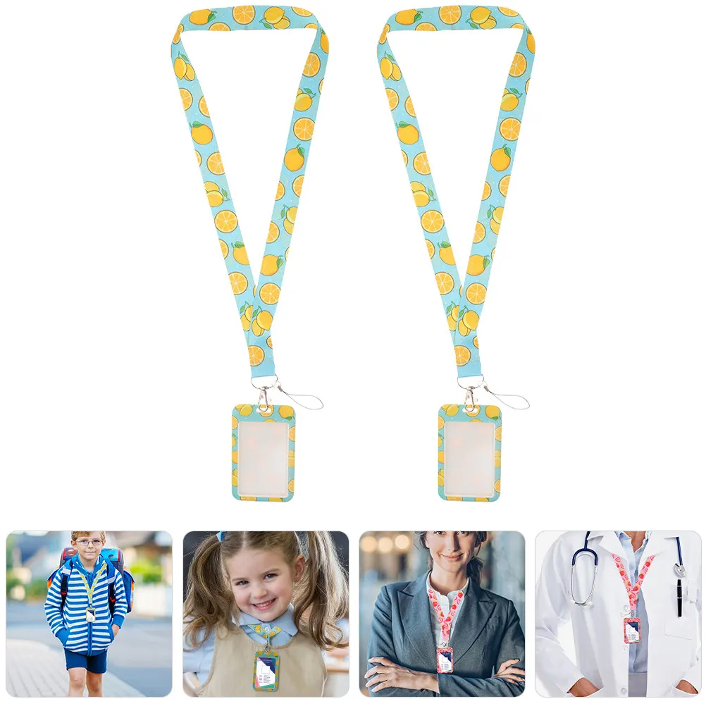 2Sets Id Cardholder Badge Holder Delicate Pattern Lanyard Secure Work School Name Tag Holder Protective Card Sleeve