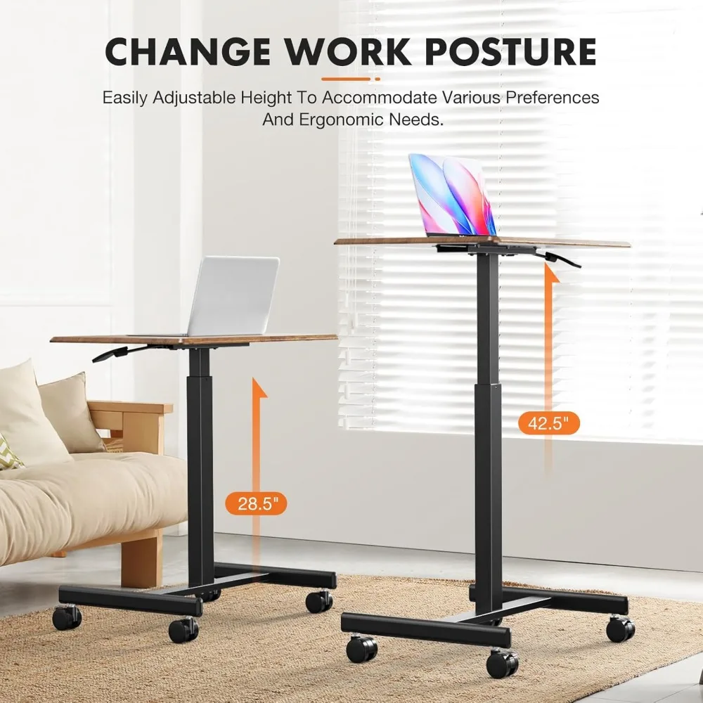 Mobile Small Standing Desk - Sit Stand Portable Rolling Laptop Desk with Lockable Wheels, Adjustable Height Computer Workstatio