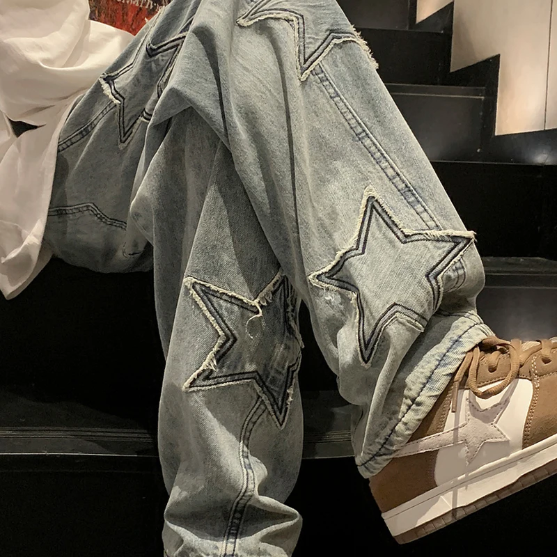 

Новинка 2025, мужские прямые повседневные джинсы со звездной вышивкой, готические нейтральные джинсовые брюки, свободные модные молодежные уличные брюки в стиле хип-хоп