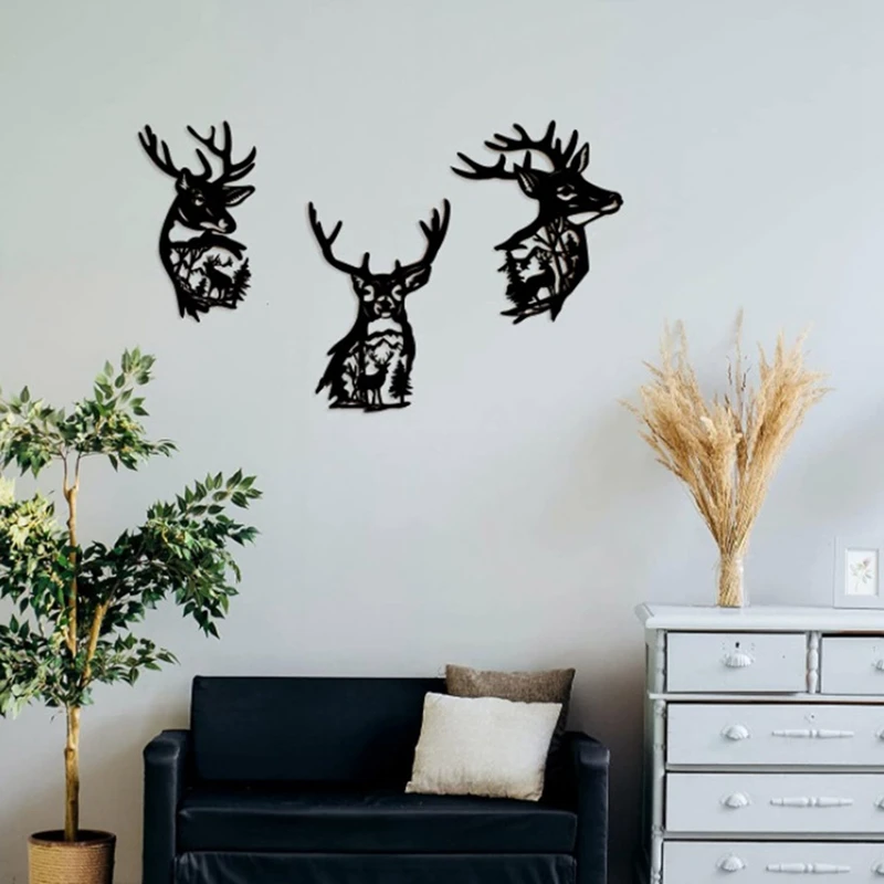 3 Piece Deer Wall Art Decor, Rustic Cabin Decor Hunting Decor Metal For Home Bathroom Bedroom Lodge, Deer In The Forest Tree