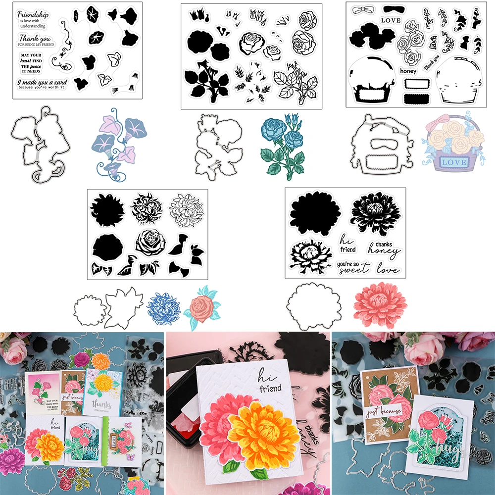 

Blooming Peonies Roses Clear Stamps And Cutting Dies Morning Glory Bouquet Flowers Stamp Set For Scrapbooking Paper Cards Making