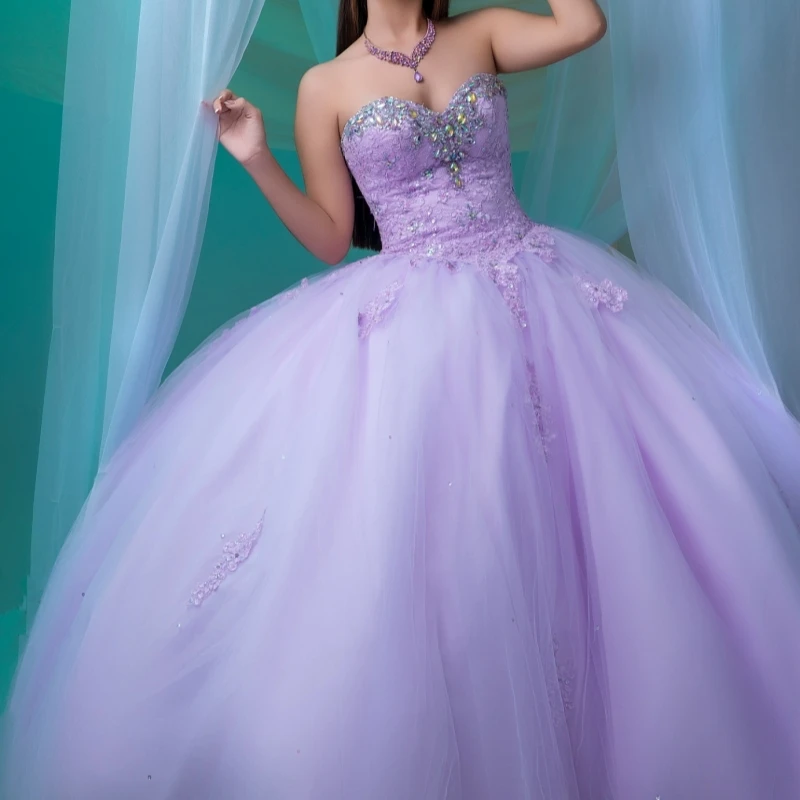 

Лавандовые блестящие платья Quinceanera с открытыми плечами, аппликация, бисер, кристалл, тюль, корсет, вечерние, день рождения, милое платье 16, Vestidos