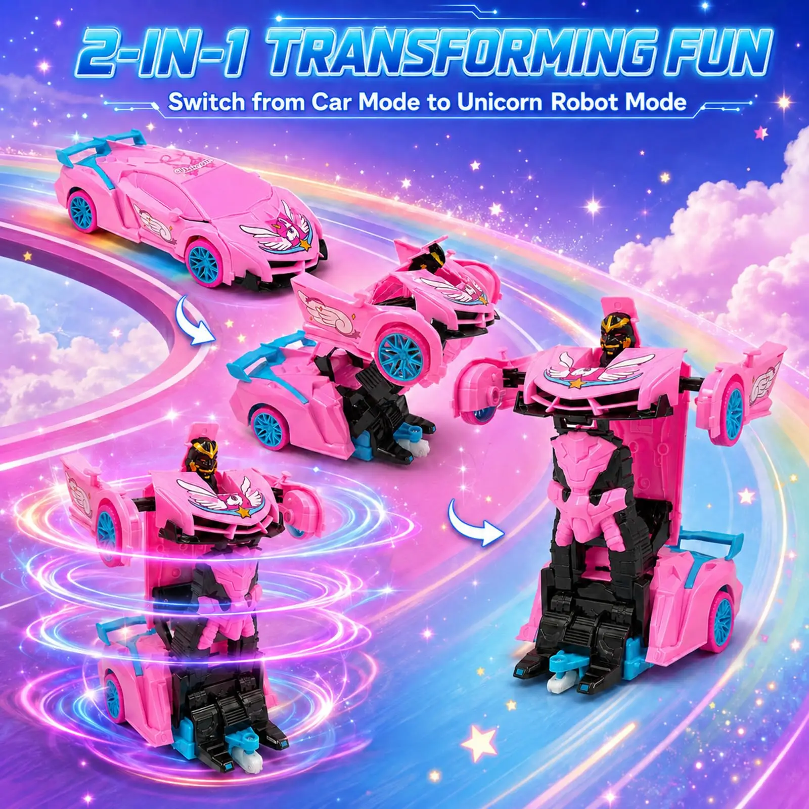 1:18 Pink RC Car Remote Control Car for Kids Transform Robot Vehicle with LED Lights Drift Stunt Racing 360° Rotation Toy Gift