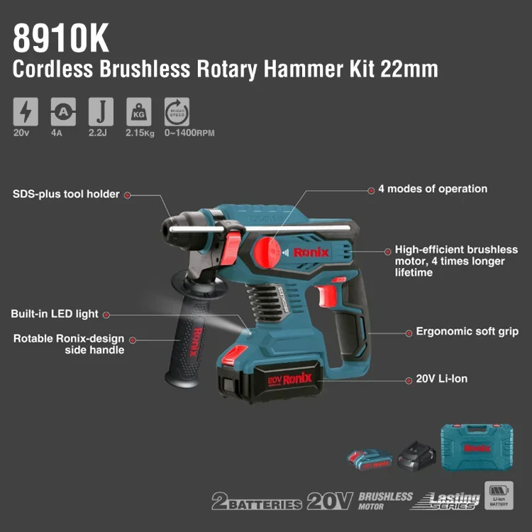 Ronix 8910k Elektro werkzeuge 20V Akku-Bohr hammer Elektro bohrmaschine 26mm Bohr hammer Industrie qualität 900r/min