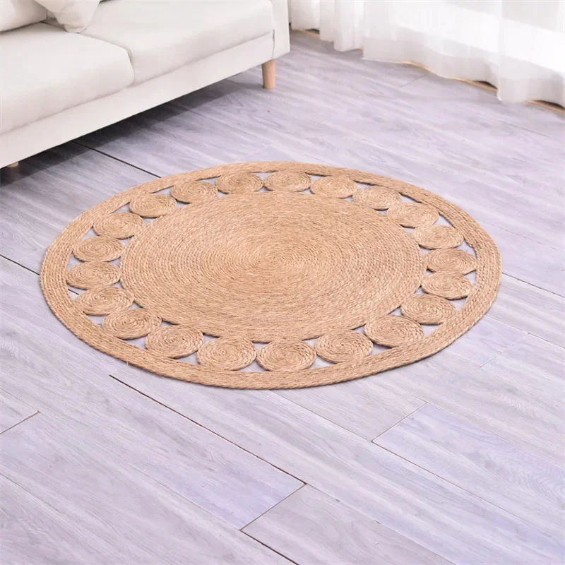 Handmade Round Woven Rug Natural Straw Floor Mat Boho Farmhouse Living Room Bedroom Door Area Rug Home Decoration