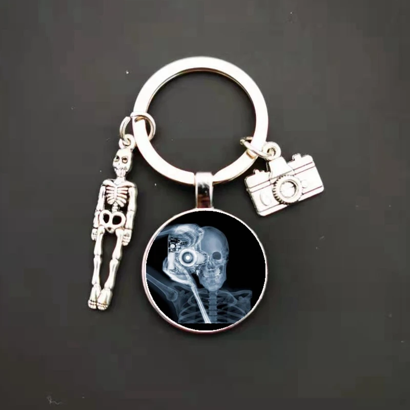 Fashion Creative Vintage Skeleton Pendant Key Chain X-ray Film Glass Convex Round Key Ring Cute Key Chain Handmade DIY Bag Charm