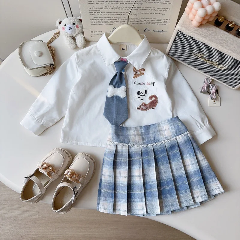 

2025New Autumn Girls Cartoon Cute Puppy Shirt+Trendy Pleated Skirt Two-Piece Set with Tie