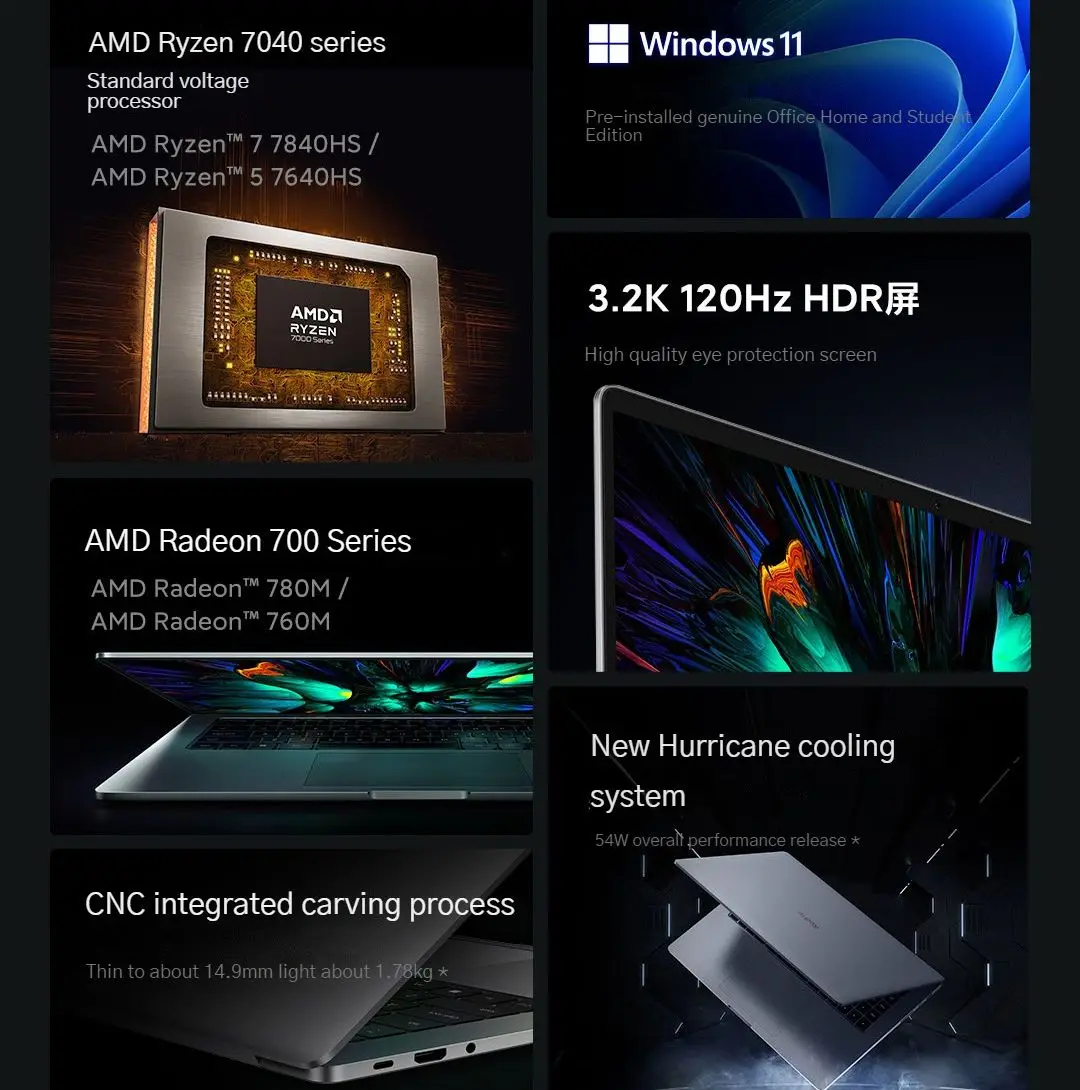 2023 حاسوب محمول شاومي ريدمي بوك برو 15 Ryzen 7 7840HS/Ryzen 5 7640HS CPU AMD Radeon 780M/760M 3.2K 120Hz 16G + 512G حاسوب محمول