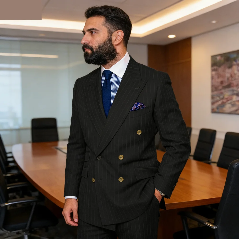 

Мужской костюм в полоску, двубортная куртка и брюки, 2 предмета, серый, итальянский стиль, для женихов на свадьбу или выпускной бал