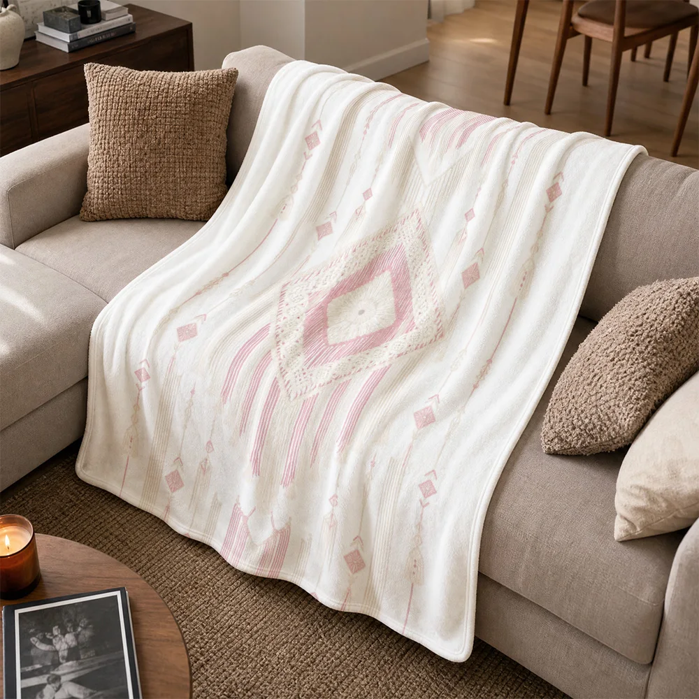 Premium Geometric Pattern Knit Throw Blanket for Sofa Couch Decor Cozy Winter Accessories Neutral Beige Boho Bohemian Farmhouse