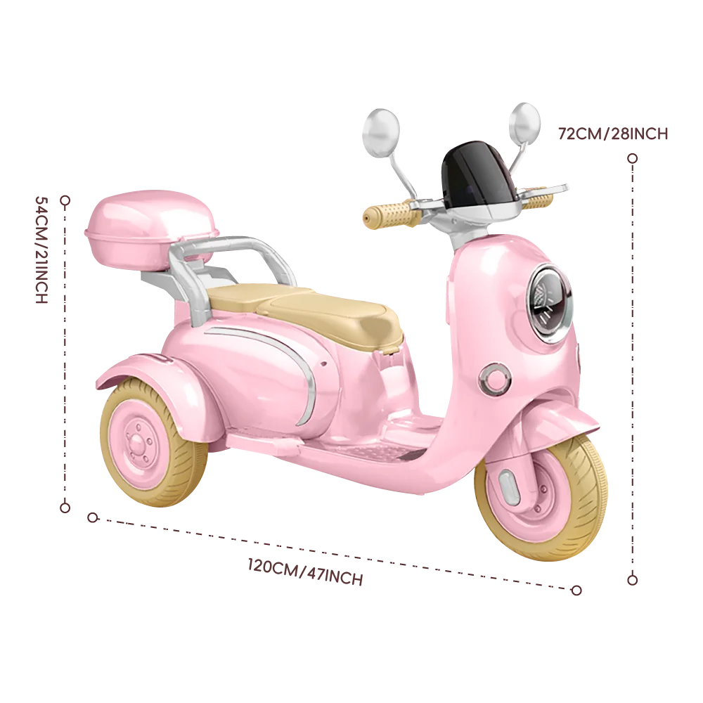 12-V-Kindermotorrad, 3 Räder, 12 V, Kinderfahrten auf Motorrad mit MP3, Bluetooth, Scheinwerfer, Aufbewahrungsbox, Motorrad für Kinder – Rosa