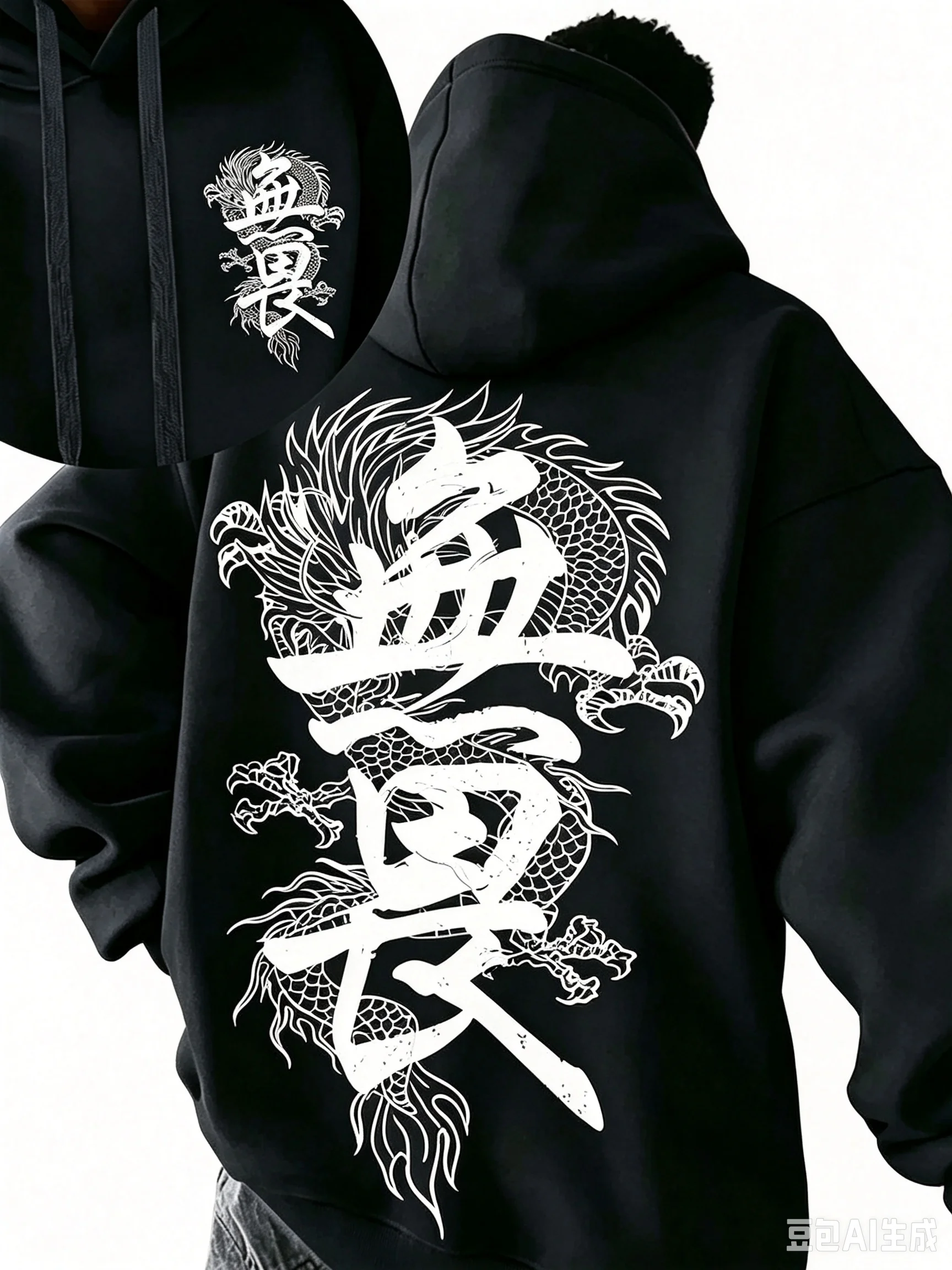 Men Dragon Fearless Kanji Graphic Hoodie Front Back Print Hooded Sweatshirt Oriental Streetwear Loose Long Sleeve Pullover Hoody