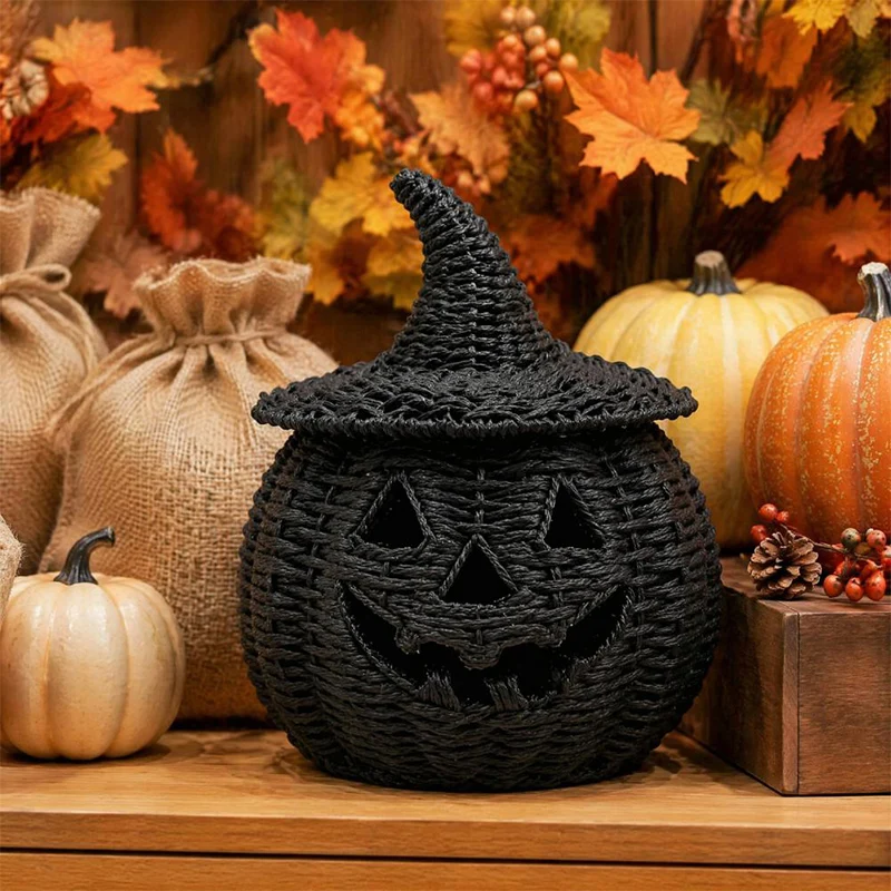 Halloween Resin Jack O Lantern Pumpkin Storage Box Witch Hat Lid Black Candy Bowl Container Home Desktop Decoration Ornament