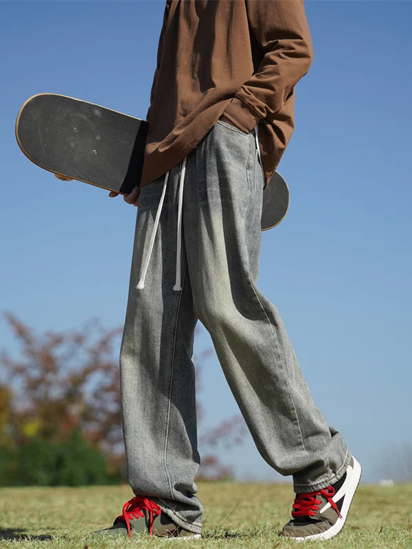 

Cleanfit Men's Vintage Waed Denim Jeans Spring Autumn Straight Leg Dstring Elastic Waist Long Pants Cool Haome Sle