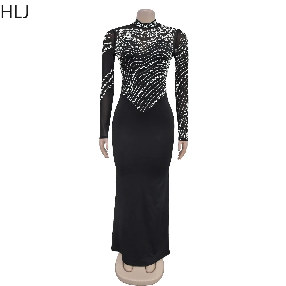 Hlj Fashion Steentjes Parels Bodycon Avondfeestjurk Vrouwen Ronde Hals Lange Mouw Slanke Vestidos Dames Mesh Doorschijnende Kleding