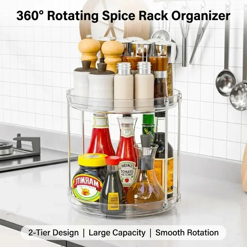 transparent double layer 360° rotating desktop storage tray, multi-purpose organizer for kitchen refrigerator cosmetics bathroom