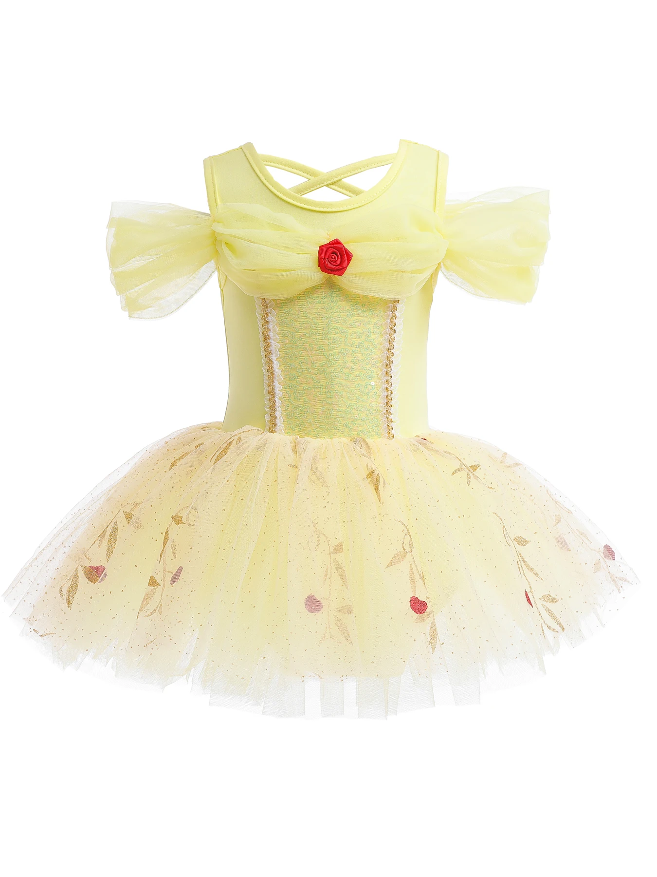 

Girls Yellow Lace Tulle Ballet Tutu Mesh Short Sleeve Ballet Tutu Practice Performance Leotard