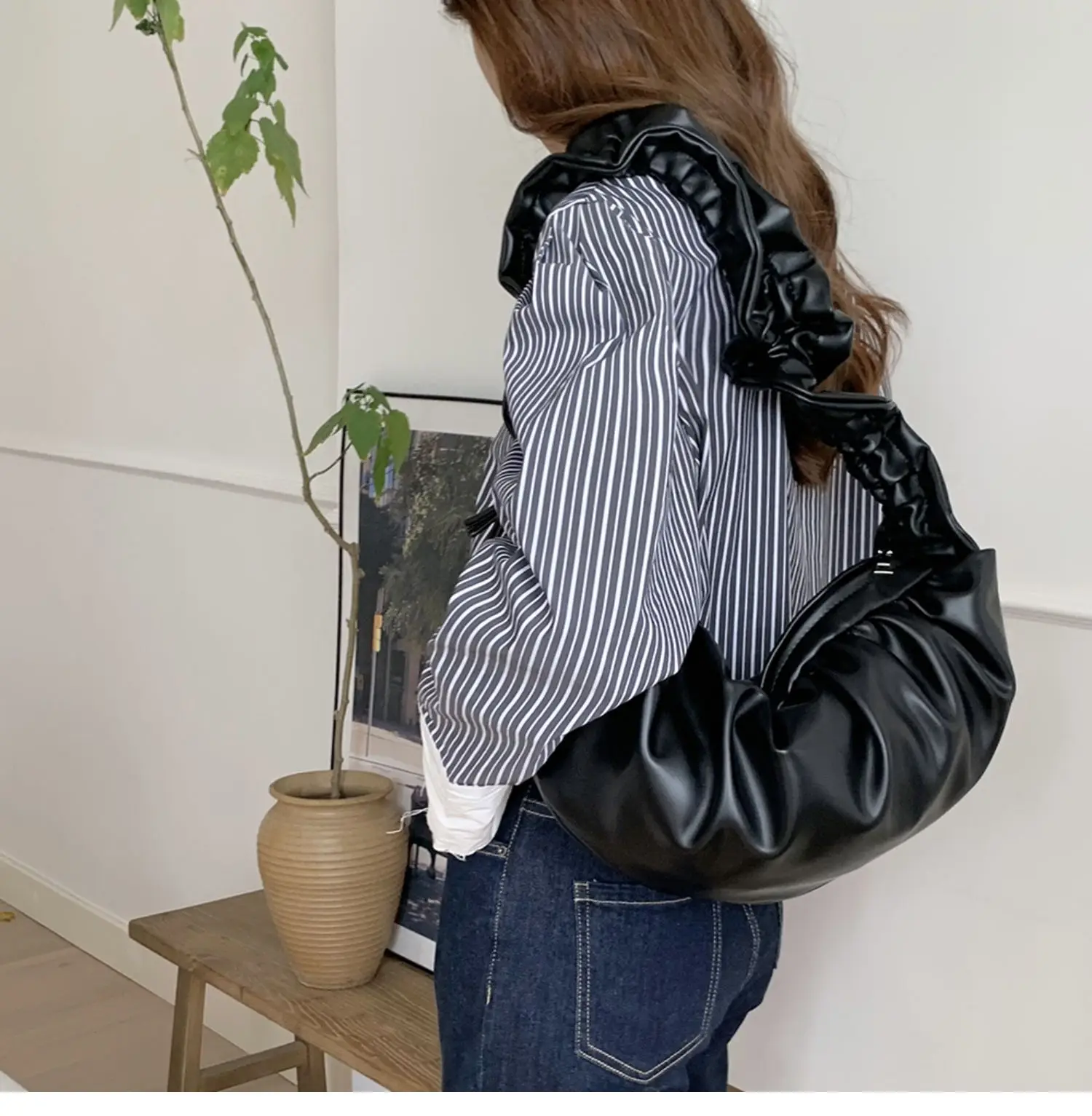 NEW 2023 Pleated Handlebags For Women PU Cloud Bags Leisure Armpit Bag Shopping Shoulder Bags Dumpling Handbag Female