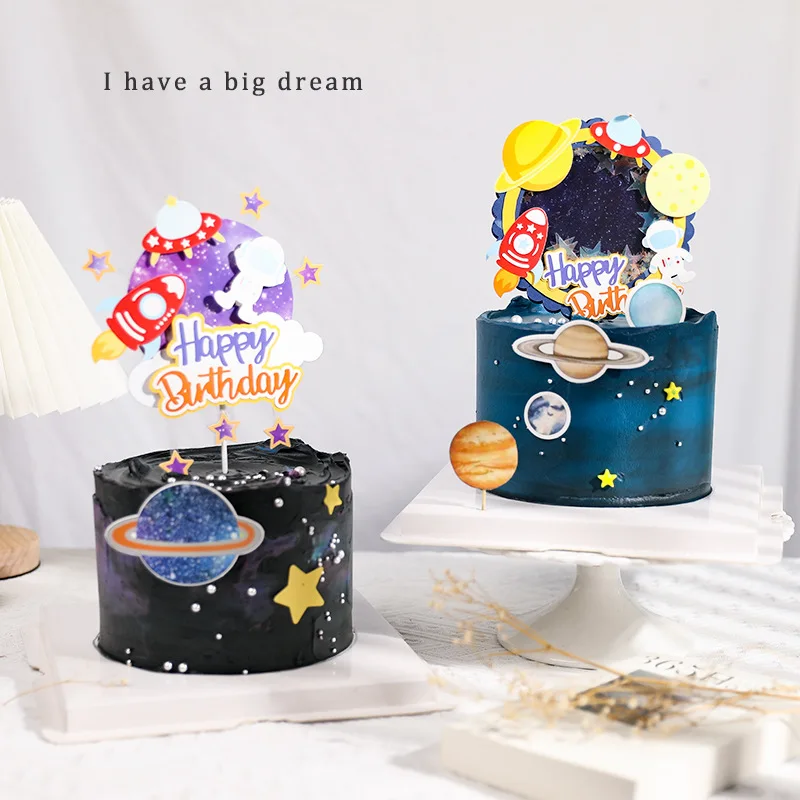 

Spacecraft Astronaut Cake Topper Stars Planet Happy Birthday Cupcake Flags Decoration Party Baking Supplies DIY New