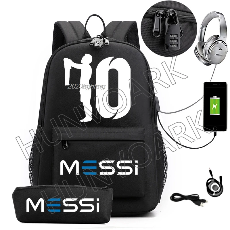 Mochila Messi con cerradura an-ti para hombre y mujer, morral informal para estudiantes de secundaria, capacidad para ordenador portátil, 2 piezas