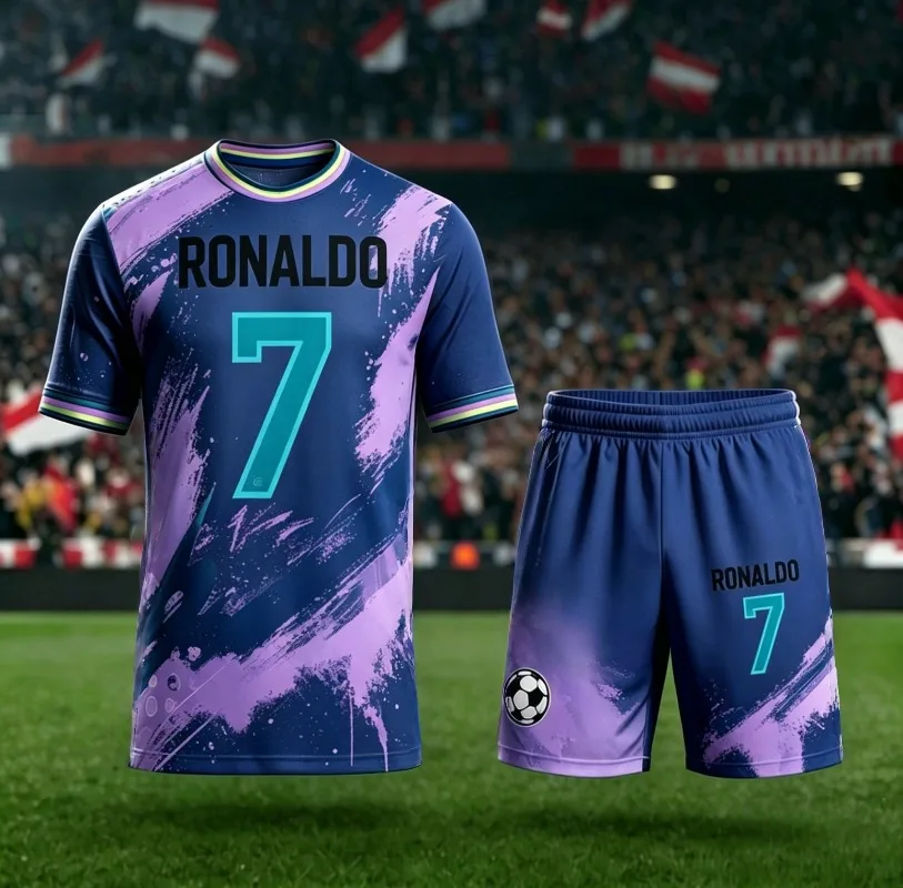 2026 Summer New # 7 Ronaldo Short Sleeved AI Purple Football Shirt Adult and Children's Fashion Casual Large Sports Shirt