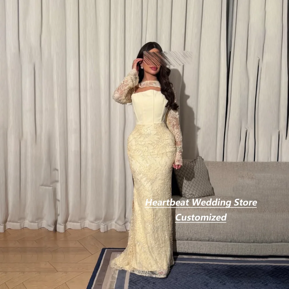 Customized Cream Long Sleeve Beaded Lace Mermaid Mother of the Bride Dresses Cutout Neck Corset Bodice Sequined Evening Dress