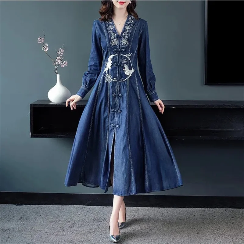 Ethnic style Single row Buckle Design Retro Long sleeved Dress 2026 New Spring Autumn Cheongsam improved Version Denim Dresses