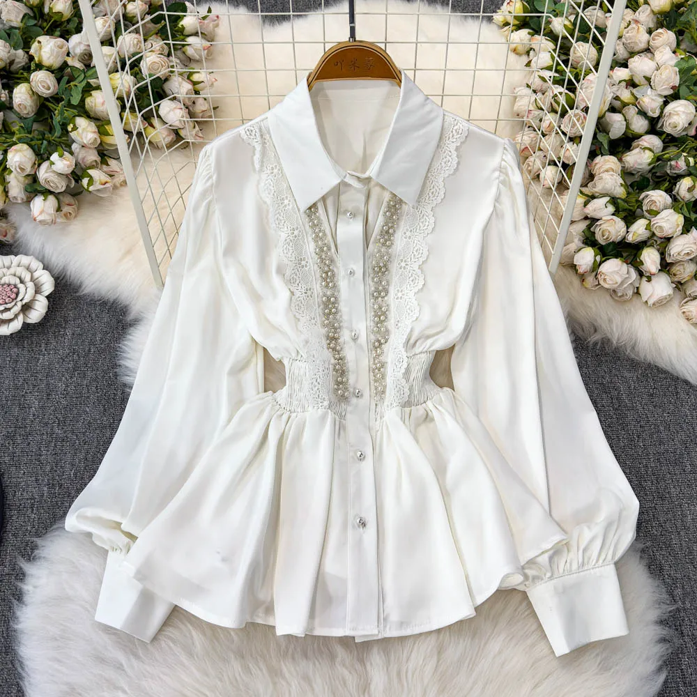 

Women French Style Luxury Beading Princss Top Shirt Sweet Lolita Luxury Slim Waist Winter Autumn Lace Blouse Elegant Dinner Tops