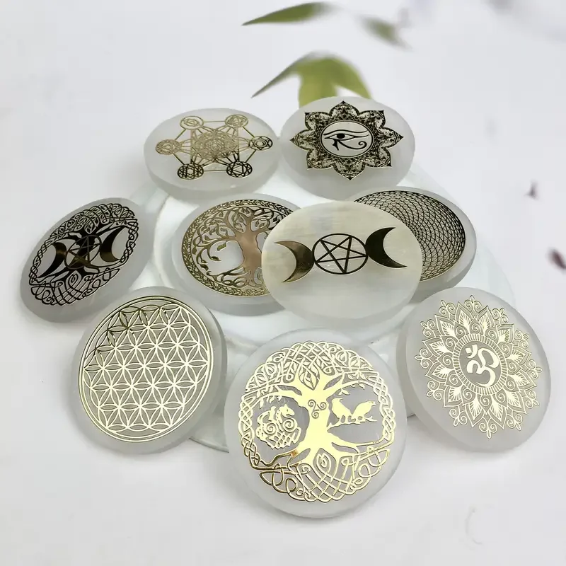 6 سنتيمتر الكريستال الطبيعي السيلينيت شريحة بلاطة الجبس الأبيض ، حجر السيلينيت الطبيعي كريستال القرص ، لوحة شحن السيلينيت