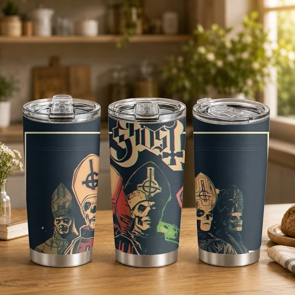 G-ghost Band Vacuum Flasks 20oz Insulated Coffee Tumbler with 2 Lids Reusable Straw Wall Stainless Steel Cup