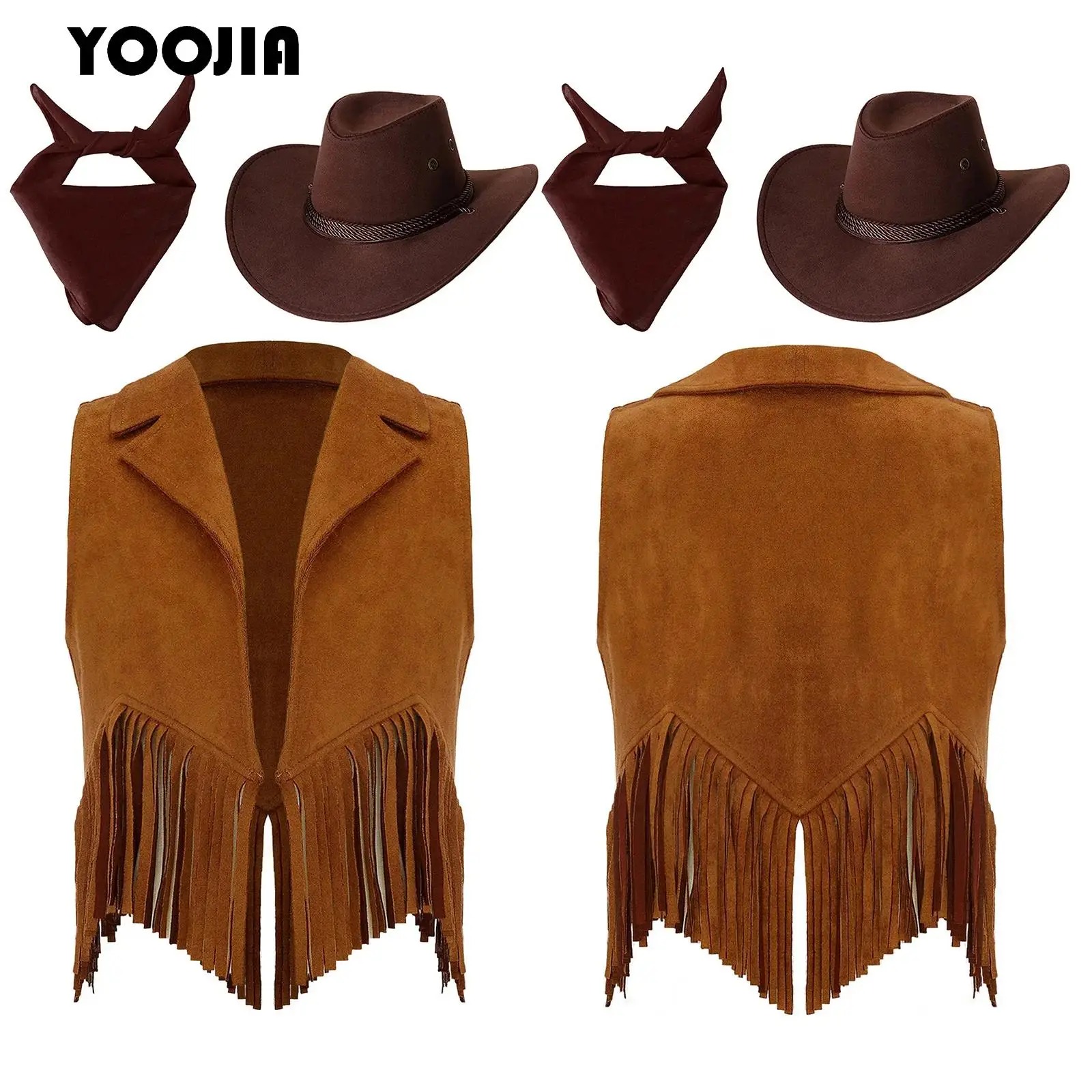 

Western Cowboy Cowgirl Tassels Vest Waistcoat with Hat Bandana Outfits for Kids Halloween Drama Cosplay Party Fancy Dress Up