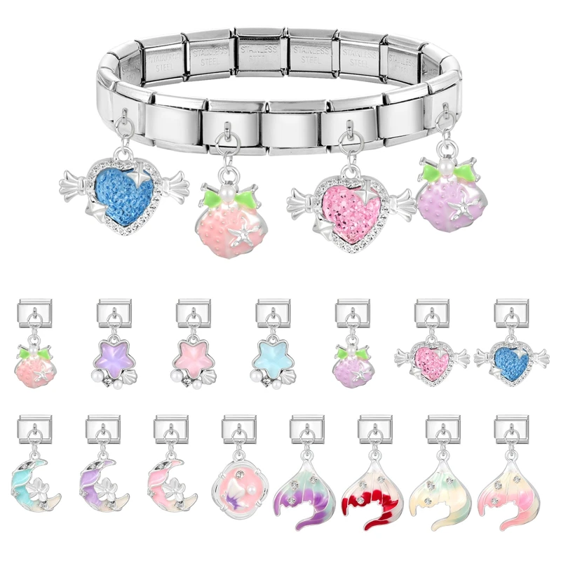 Zircon Shell Heart Bow Knot Butterfly Dolphin Pendant Italian Charm Links Fit 9mm Bracelet Stainless Steel Women DIY Making Gift