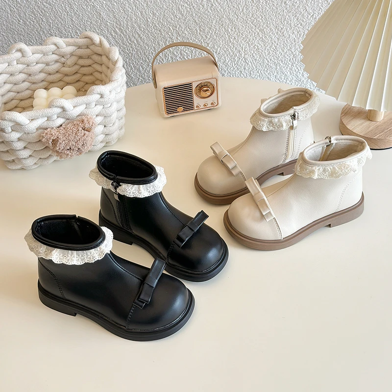 

Princess Girls Leather Boots with Lace Bow 2025 New Winter Toddler Plush Lining Ankle Boots Non-slip Chic Elegant Party Boots