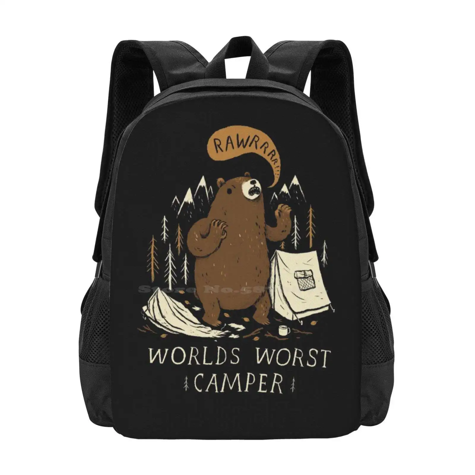 Worlds Worst School Bag Big Capacity Backpack Laptop Bears Camping Camps Tents The Great Outdoors Trees Forests Funny Grizzly