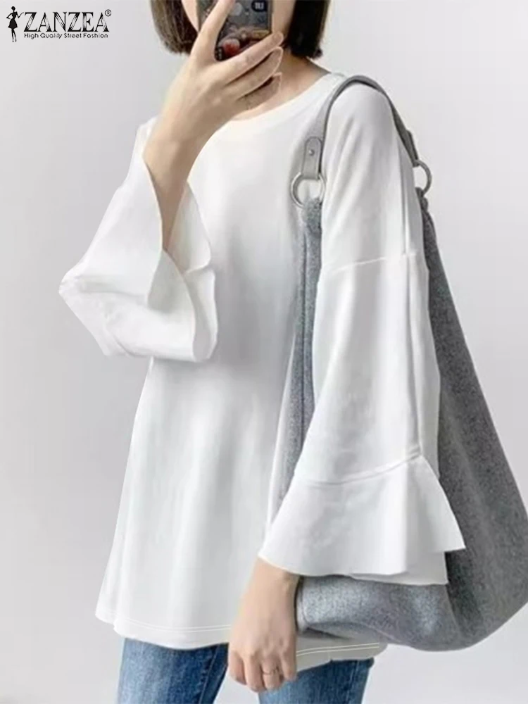 Stylish Women's T-Shirts Autumn 3/4 Flare Sleeve Blouse ZANZEA Elegant Solid Ruffle Hem Work Tops Oversize Basic Tees Streetwear